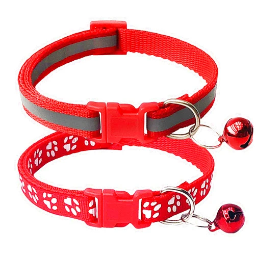 CHBORCHICEN 2-Pack Footprint & Reflective Cat Collar with Bell Basic Dog Cat Collar Buckle Adjustable Polyester Cat Dog Collar or Seatbelts (Small, Red)