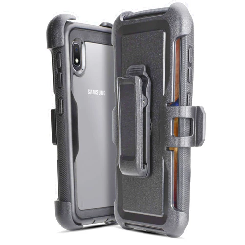 JACKPOT WIRELESS for Samsung Galaxy A10e Case, Heavy Duty Shockproof Built in Screen Full Body Protection Clear Case Cover with Swivel Belt Clip Crystal Holster and Kickstand for Samsung Galaxy A10e 5.8inch (Black)