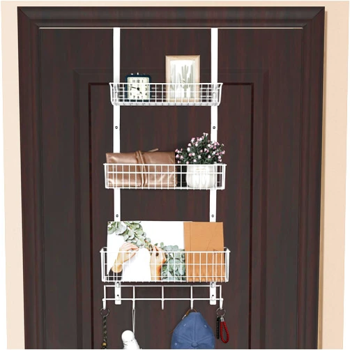 ETELI Over The Door Basket Organizer with 3 Mesh Baskets and 5 Hooks Heavy Duty Pantry Door Organizer Back of Door Storage Rack for Bathroom, Kitchen, Office, White