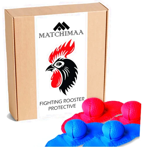 MATCHIMAA 2 Pair RED & BLUE (4 Sides) FIGHTING ROOSTER PROTECTIVE, Gamefowl Mitt Protection for Gallos Poultry Chicken Para Botas Cocks Breeding Cover Safety Leg Protect & Care Leather.