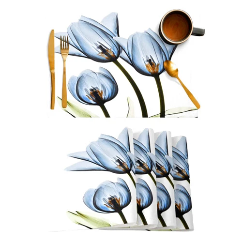 Crystal Emotion Place Mats Indoor Set of 6, Blue Flower Cotton Linen Placemats for Dining Table Anti-Skid, Elegent Tulip Florals, Heat Resistant Table Mats Wipeable, 12x18 inch.