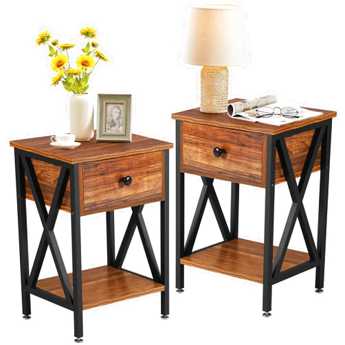 VECELO Nightstands Set of 2, Modern Bedside End Tables, Night Stands with Drawer and Storage Shelf for Living Room Bedroom, Industrial Metal Frame, Brown