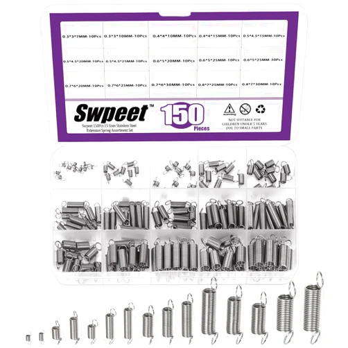 Swpeet 150Pcs 15 Different Sizes Stainless Steel Extension Spring with a Dual Hook Assortment Kit, Mechanical Extension Springs Small Spring for Home Repairs