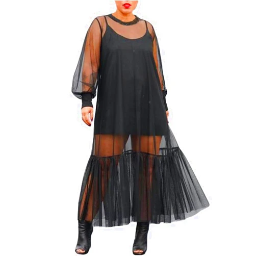 Inzegao Women See Through Mesh Cover Ups Long Dress with Lining Loose Tulle Sheer Dresses for Party Photoshoot