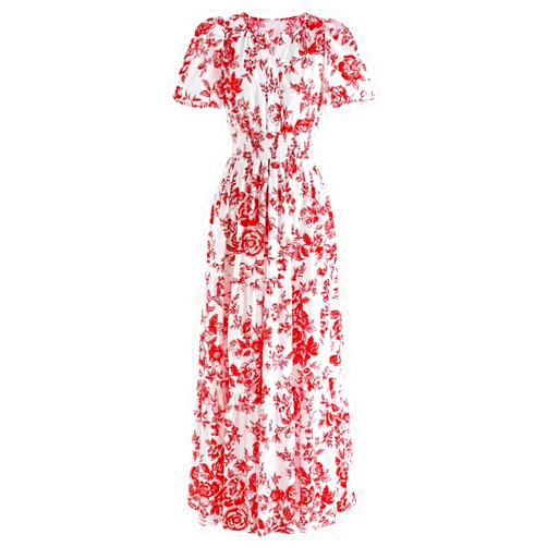 CHICWISH Women Short Bubble Sleeves Cotton Maxi Dress Flower Printed V Neck Elastic Waist Casual Red Long Summer Dresses