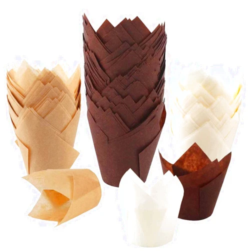 BAKHUK 200pcs Tulip Cupcake Liners, Cupcake Liners, Muffin Baking Liners Holders, Brown, White and Nature Color