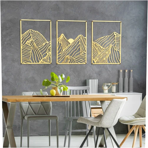 Peryiter 3 Pcs Mountain Metal Wall Art Mountain Line Wall Decor Abstract Minimalist Wall Art Rustic Nature Wall Decor for Home Bathroom Living Room(Gold, Simple Style)