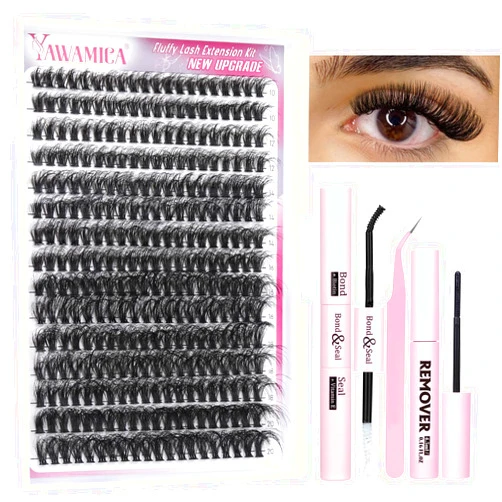 Yawamica Fluffy Volume Eyelash Extension Kit Mink Lash Clusters 300pcs Individual Lashes Kit 50D Volume 10-20mm Lash Extension Kit with Bond and Seal and Lash Remover and Lash Tools DIY Lash Kit by Yawamica
