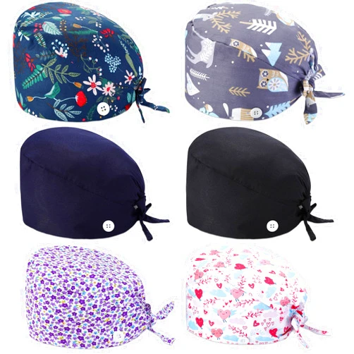 Geyoga 6 Pcs Bouffant Scrub Caps Working Surgical Cap Nurse Hats with Buttons and Sweatband Adjustable Tie Back Hat Women Men