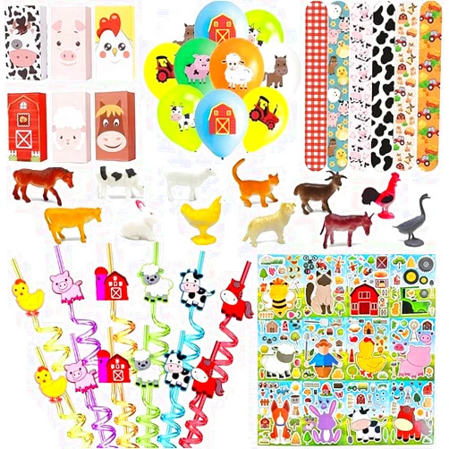 CHSLtmxq Farm Animals Party Favors Set 84 PCS Barnyard Animals Slap Bracelets Gift Bags DIY Stickers Drinking Straws Party Balloon Plastic Figures Suitable for Farm Animal Party Farm Birthday Decoration