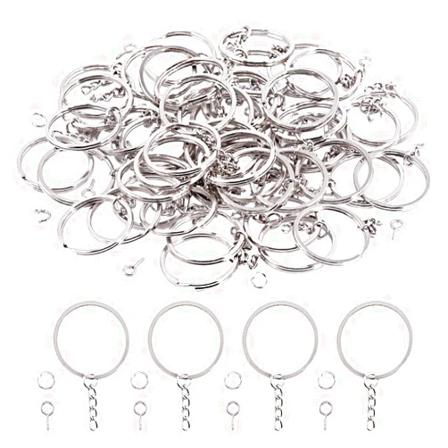 Swpeet 300Pcs 7/5 Inch 35mm Sliver Flat Key Chain Rings Kit, Including 100Pcs Split Keychain Rings with Chain and 100Pcs Jump Ring with 100Pcs Screw Eye Pins Bulk for Jewelry Findings Making