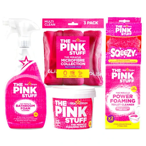 Stardrops The Pink Stuff Bathroom Cleaning Kit – Cleaning Paste, Bathroom Foam Spray, Toilet Foaming Powder, SQeeZY Sponge & 3 Microfiber Cloths – Tough on Stains, Grease & Soap Scum – Deep Clean Essentials