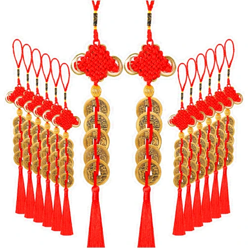 JUNEBRUSHS 16Pcs Chinese New Year Lucky Coins Charms Chinese Knot Feng Shui Tassel Hanging Pendant Decorations for New Year Home Health Wealth Success Lucky Decor