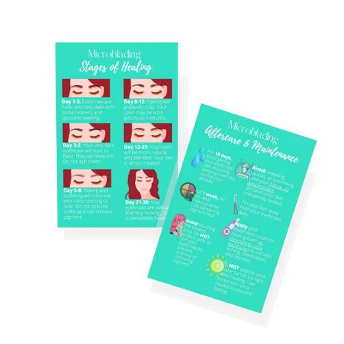 Boutique Marketing LLC Eyebrow Microblading Healing & Aftercare Instructions Postcards | Package of 30 | Double Sided Size 4 x 6 inches Postcard | Green with Colorful Icons Design