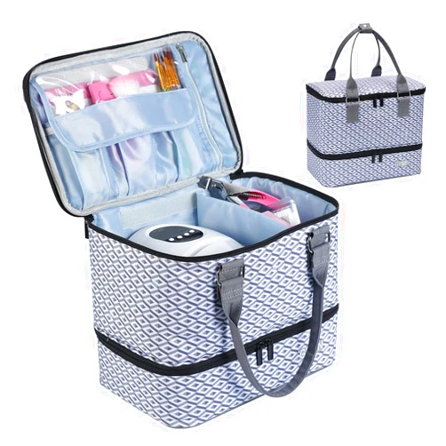 GR69N Nail Polish Organizer Bag,Double Layer Nail Polish Storage Fits a Nail Lamp and 40 Bottles,Great Size Nail Storage Organizer For Nail Drill,Nail Supplies Set (Bag Only)-Grey Multi
