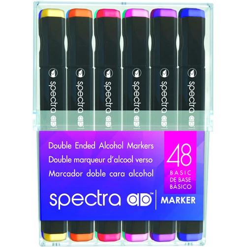 AD Marker Chartpak Spectra, Tri-Nib and Brush Dual-Tip, 48 Assorted Basic Color Set in Hard Plastic Cubes, 1 Each (SBASIC48AD)
