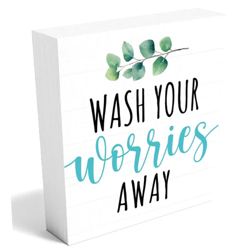 Woght Funny Cute Laundry Room Bathroom Decor, Wash Your Worries Away House Shaped Wood Block Sign, Restroom Toilet Washroom Guest Bathroom Toilet Decor for Table Shelf (5x5 inch)