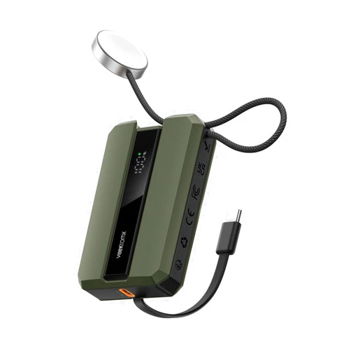 VEEKTOMX PD 30W Power Bank Fast Charging with Built-in USB C Cable for iPhone, Small Portable Charger 10000mAh, Portable Apple Watch Charger, Compact Battery Pack for iPhone 16/15/15 Plus, Green