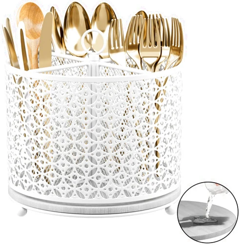 OVICAR 360° Rotating Kitchen Utensil Holder - Fast-Drying Utensils Caddy - 4 Compartment Flatware Silverware Organizer High Raised Cutlery Holder with Handle for Kitchen Countertop Party Picnic Table White