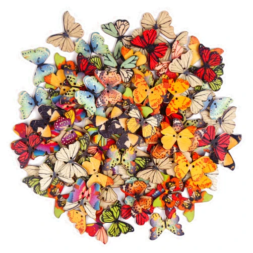 FINGOOO 100 PCS Butterfly Wooden Buttons,1 Inch Colorful 2 Holes Mixed Decorative Buttons for DIY Sewing&Wood Craft Clothes Accessories