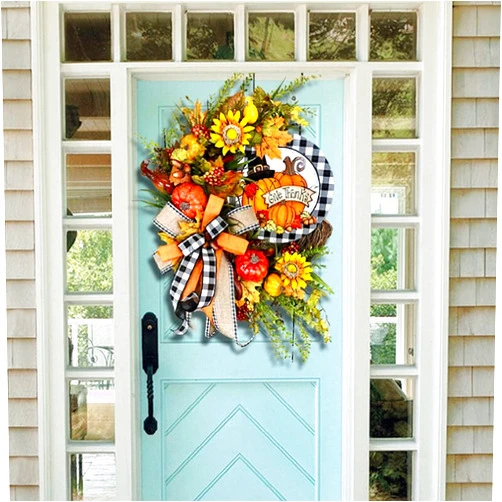 GASTAT Thanksgivings Wreath for Front Door Decoration Fall Wreath Pumpkin Maples Leaf Bowknot Sunflower Wreath Harvest Thanksgivings Halloween Christmas Decor Wreath Indoor Outdoor Decorations