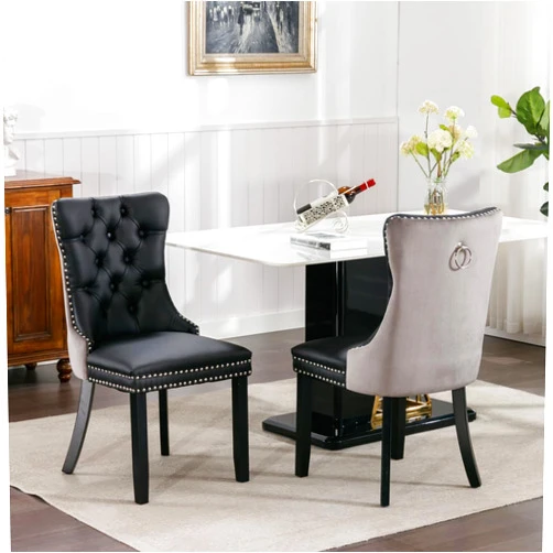 Zaboro Dining Chairs Set of 2, High-end PU Leather Accent Chairs Side Chairs, Upholstered Tufted Bar Stools with Nailhead Button Back, for Dining Room/Kitchen/Restaurant, Black+Gray