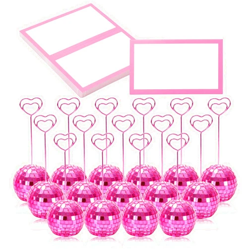 Whaline 60Pcs 2 Inch Disco Ball Table Number Holders Place Cards Set Pink Tented Cards Name Cards Stands with Heart Swirl Wire for Party Table Sign Display Supplies