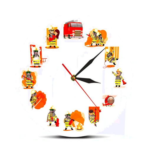 WAXB Acrylic Wall Clock Fireman at Work Fire & Rescue Wall Art Fire Department Decor Wall Clock Comic Style Firefighter Team Printed Modern Wall Clock Kitchen Bedroom Office Home Decor Gift 30Cm