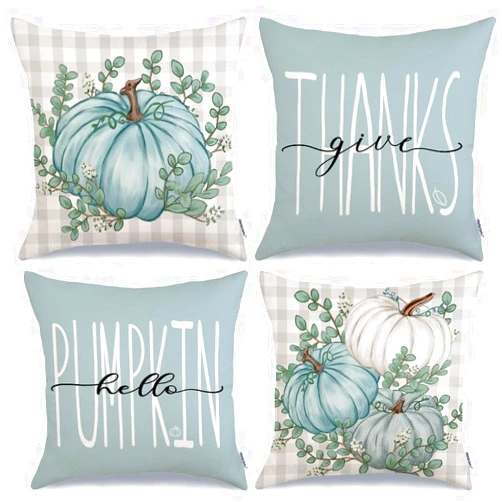 GEEORY Fall Pillow Covers 16 x 16 Inch Set of 4, Buffalo Plaid Hello Pumpkin Give Thanks Eucalyptus Leaves Decorative Throw Cushion Cases Indoor Farmhouse Home Party Decoration for Sofa Couch