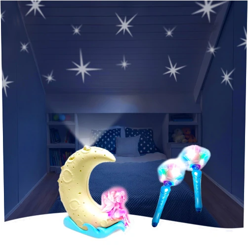 Fotorama Kids Catching Stars Deluxe Game with Two Magic Fairy Wands and Moonlight Star Projector, Perfect Slumber Party Game, Switch to Night Lamp Mode Before Falling Asleep, for Ages 5 and Up