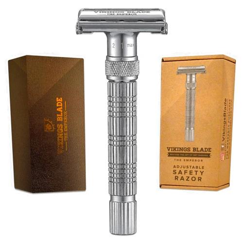 VIKINGS BLADE Adjustable Double Edge Safety Razor + Luxury Case. Smooth, Reusable, Eco-Friendly (The Emperor “Frosted Chrome”)