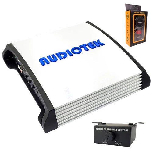 Audiotek AT1800S 2 Channel Stereo Car Amplifier - 1800 Watts, 2 Ohm Stable, LED Indicator, Full Range, Bass Knob Included, Great for Speakers and Subwoofers with Phone Holder Bundle