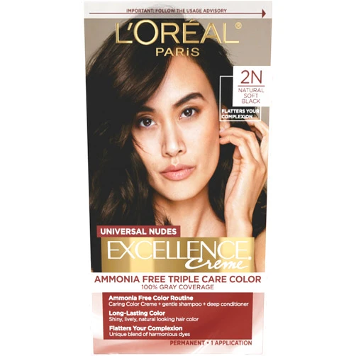 L’Oréal Paris Excellence Universal Nudes Permanent Hair Color, Ammonia Free Hair Dye for Gray Hair Coverage, 2N Natural Soft Black, 1 Hair Dye Kit