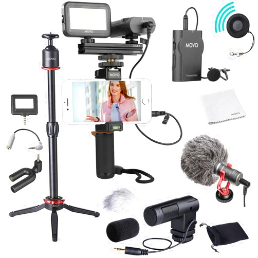 Movo V8 Huge Vlogging Kit for iPhone with Tripod, Grip, Microphones, LED Lights, and Wireless Remote Vlog Kit - YouTube Starter Kit for iPhone or Samsung - iPhone Vlogging Kit Equipment