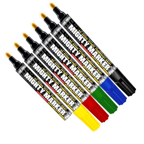 Mighty Marker PM-19 Industrial Paint Marker, Xylene-Based, Permanent & Quick-Dry, 3.2mm Bullet / 4.8mm Chisel Dual Tip, Waterproof, 13ml Capacity, 6 Bonus Tips, Made in USA, Assorted 6 pack