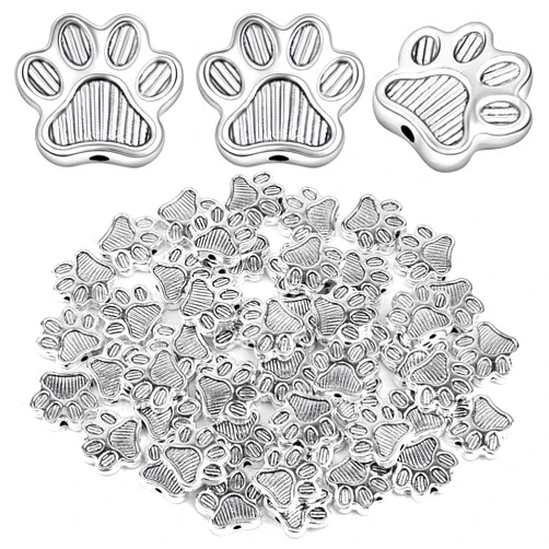 Aylifu 50pcs Antique Silver Dog Paw Prints Spacer Beads Charms Tibetan Alloy Bear Claw Footprint Beads Vintage Animal Footprint Loose Beads for DIY Jewelry Making Crafting Findings, Hole: 2 mm