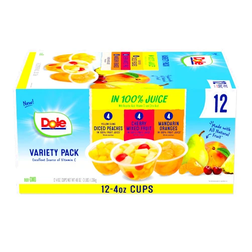 Dole Fruit Bowls in 100% Juice Variety Pack Snacks, Peaches, Cherry Mixed Fruit, Mandarin Oranges, 4oz 12 Total Cups, Gluten & Dairy Free, Bulk Lunch Snacks for Kids & Adults