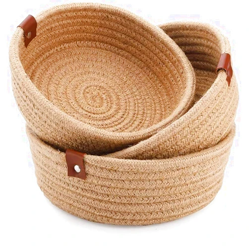 GILLY BILLY 100% Natural Jute small box mini rope paper storage Round Beige basket brown hamper baby nursery tray bucket set of 3 for Living or Drawing Room,fruits, kitchen,office,shelfs (Beige)