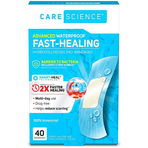 Care Science Fast-Healing Waterproof Hydrocolloid Gel Pad Bandages, 0.75 in x 3 in, 40 ct | 100% Waterproof Seal, for Blisters or Wound Care