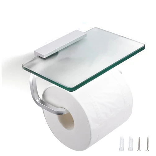 RAIKEDR Toilet Paper Holder Bathroom Paper Toilet Roll Holder Hanger,Toilet Paper Holder with Shelf, Glassed Steel Frosted Silvery Lavatory Tissue Holder with Mobile Phone Storage Rack (Silvery)