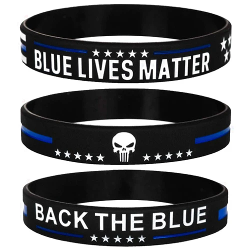Sainstone Police Blue Lives Matter Thin Blue Line American Flag Bracelets with Skull - Back The Blue Silicone Rubber Wristband Band Set- Support Law Enforcement Gifts for Police Cops