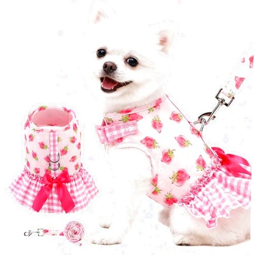 EXPAWLORER Dog Harness Small Medium Sized Dogs, Plaid Dog Dress Bowknot Harness and Leash Set, No Choke No Pull Soft Mesh Vest Cute Princess Puppy Outfits Clothes Costume for Girls Party Cats Pink S