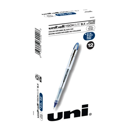 uni-ball Vision Elite BLX Infusion Rollerball Pens Bold Point, 0.8mm, Blue/Black, 12 Pack