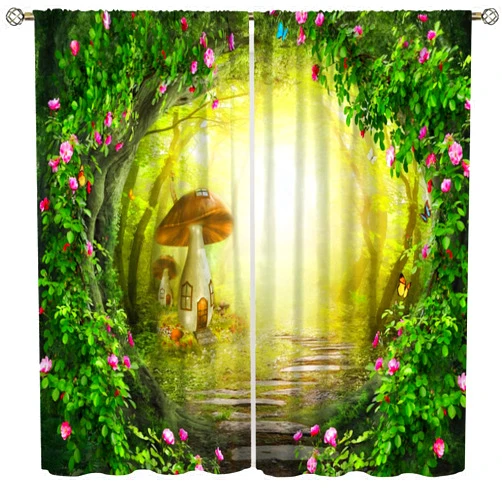AAVEUP Girls Fantasy Forest Blackout Window Curtains, Mystic Dream Fairytale Wonderland Enchanted Mushroom Flower Decoration Insulated Curtains for Kids Boys Toddler Room Nursery Bedroom 55x63in