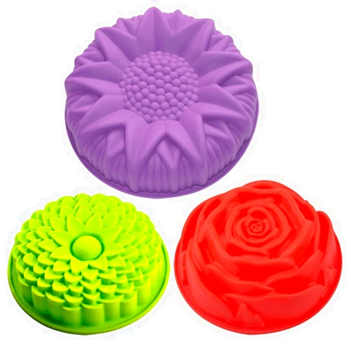 SENHAI 3 Pack Flower Shape Silicone Cake Bread Pie Flan Tart Molds, Large Round Sunflower Chrysanthemum Rose Shape Non-Stick Baking Trays for Birthday Party DIY - Yellow,Red,Purple