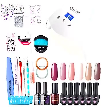 Gellen Gel Nail Polish Kit with Nail Lamp - Classic Nudes 6 Colors Nail Gel Starter Kit, Top Base Coat Matte Top Coat Manicure Tools Nail Art Decorations Rhinestones DIY Home Manicure Set