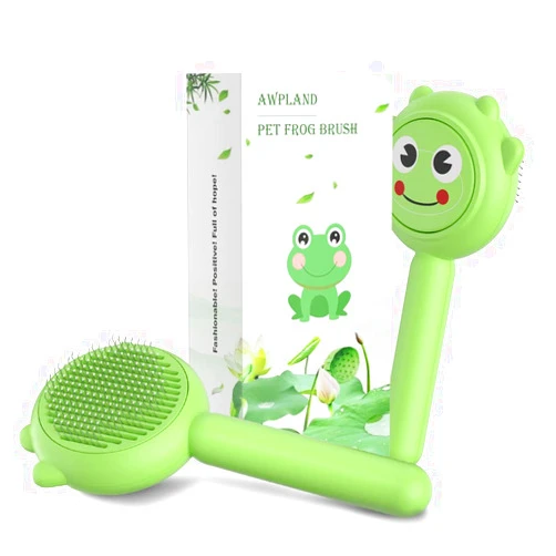 Awpland Dog Brushes for Grooming, Cute Frog Shape Groom and Clean Dog Comb with Release Button, Self Cleaning Dog Slicker Brush for Long Short Haired Dogs Cats Rabbits Bunny