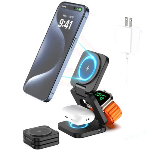 KU XIU Foldable 3 in 1 Charging Station for Apple, Fast Magnetic Wireless Charger Compatible with iPhone 15 14 13 12 Pro/Max/Plus, 5W for Apple Watch 9/8/7/6/5/4/3/2/SE/Ultra 2, AirPods 3/2/Pro(Black)