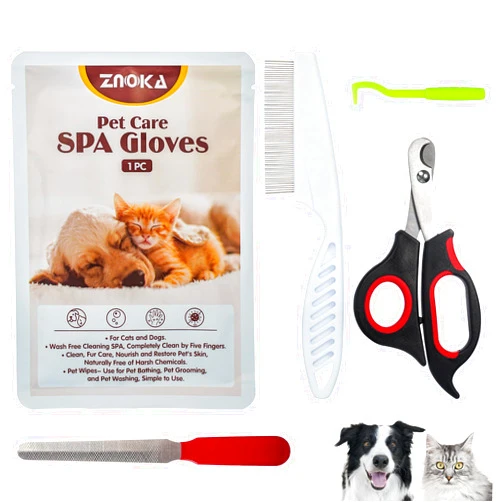 ZNOKA Pet Grooming Glove - Gentle Deshedding Brush Glove, Pet Bathing Wipes - Enhanced Five Finger Design - Daily Care and Traveling - Perfect for Dog & Cat with Long & Short Fur (5pcs/1-Kit)