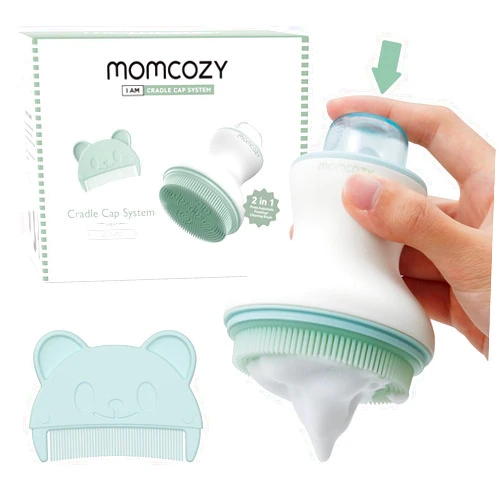 Momcozy﻿ Innovative Cradle Cap Brush with Pump, 2-in-1 Baby Cradle Cap Brush with Bubbler, Newborn Cradle Cap System, Shampoo Brush Baby Bath Essential Foamer Brush, Baby Hair Brush, Green